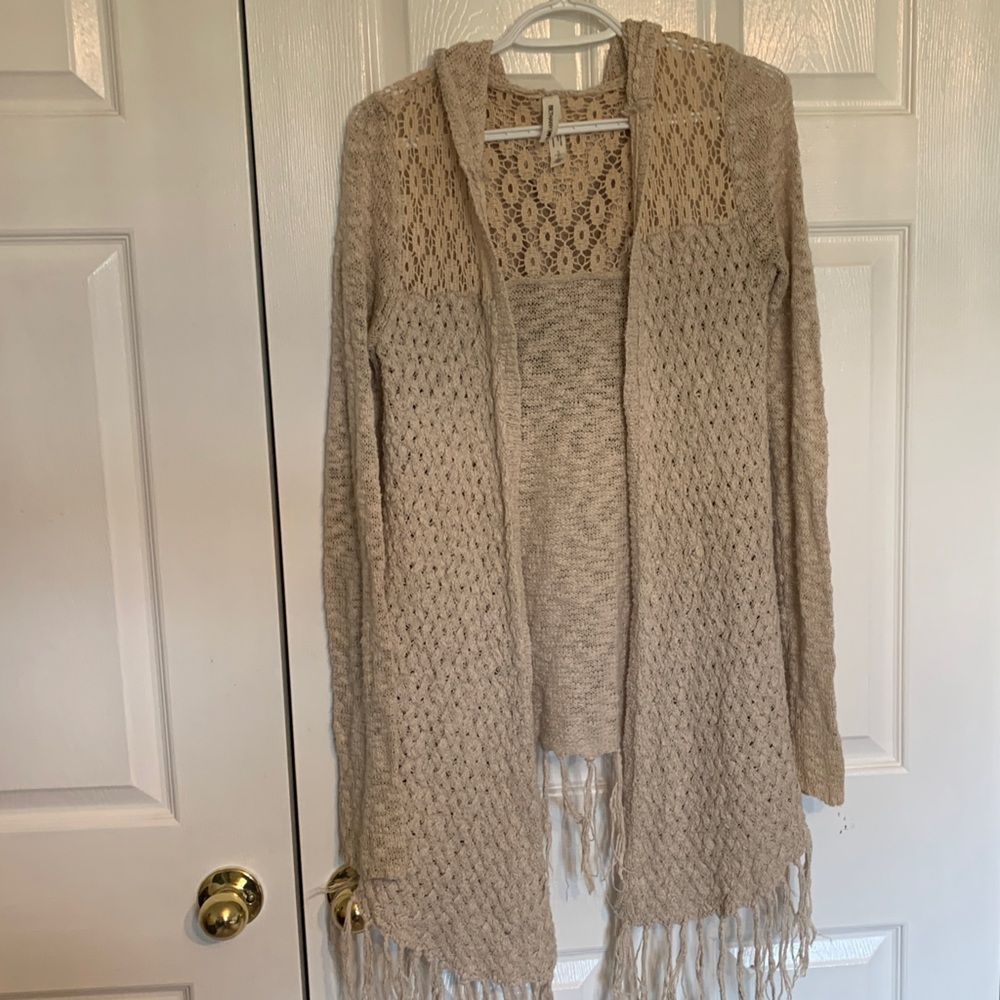 Beige Open-Front Crochet Knit Fringe Sweater Cardigan  Women